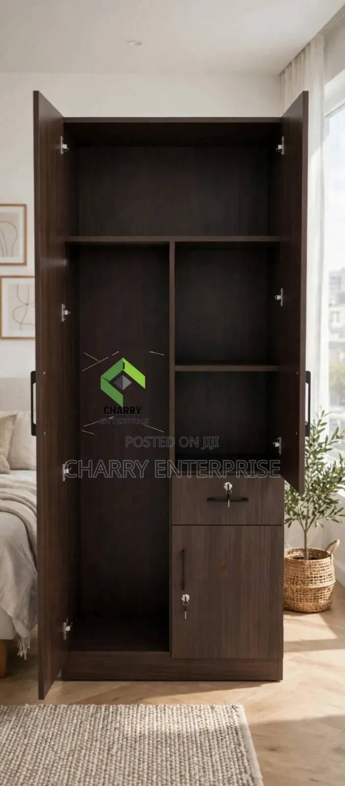 Two Door Wardrobe Kabati La Nguo With a Central Lockable Drawer