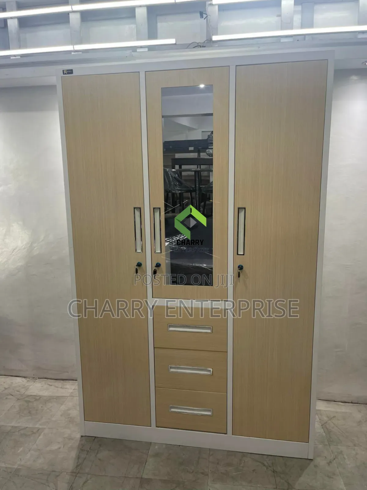 Modern 3 Door Metal and Wood Finish Wardrobe Kabati La Nguo La Chuma