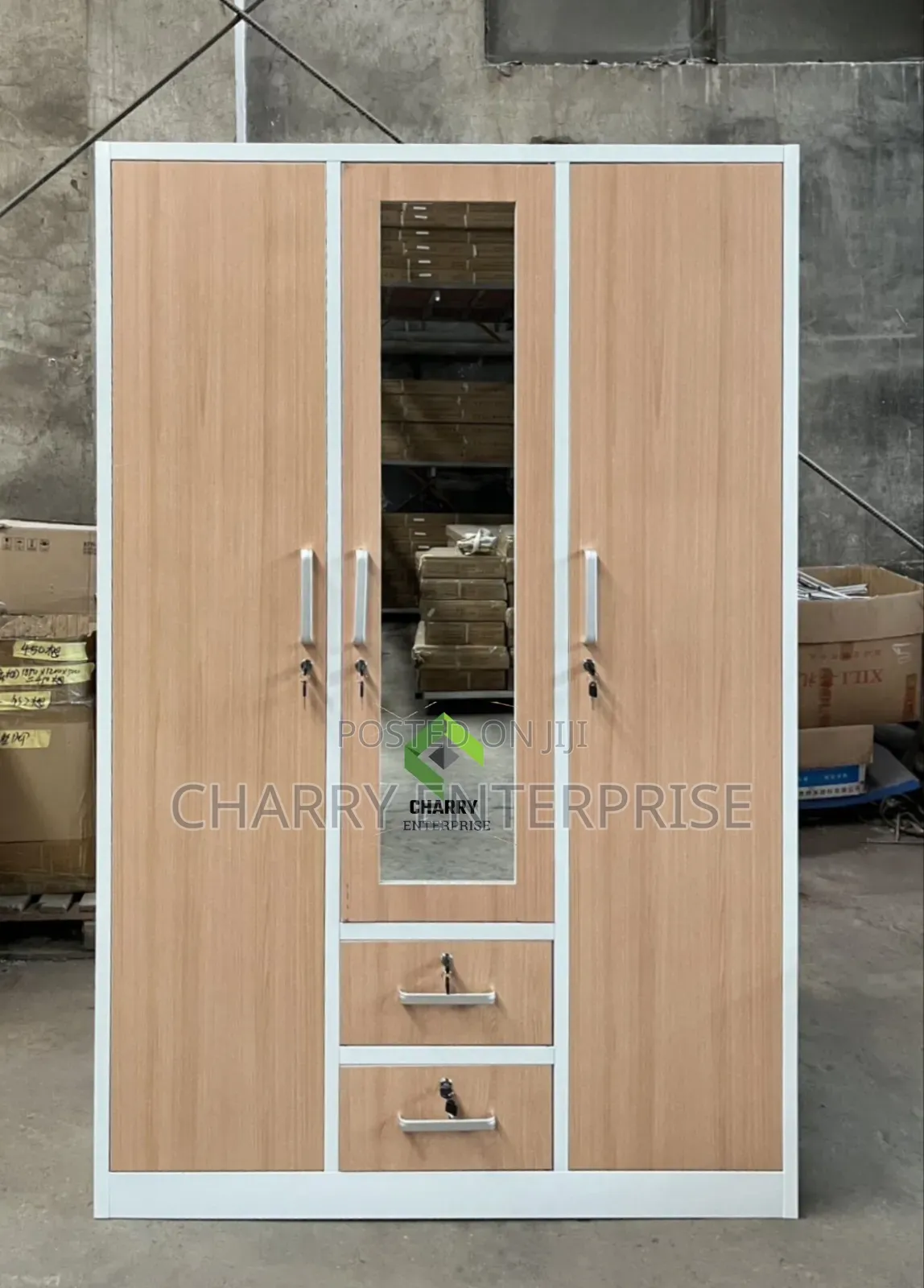 Modern 3 Door Metal and Wood Finish Wardrobe Kabati La Nguo La Chuma