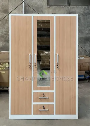 Modern 3 Door Metal and Wood Finish Wardrobe Kabati La Nguo La Chuma