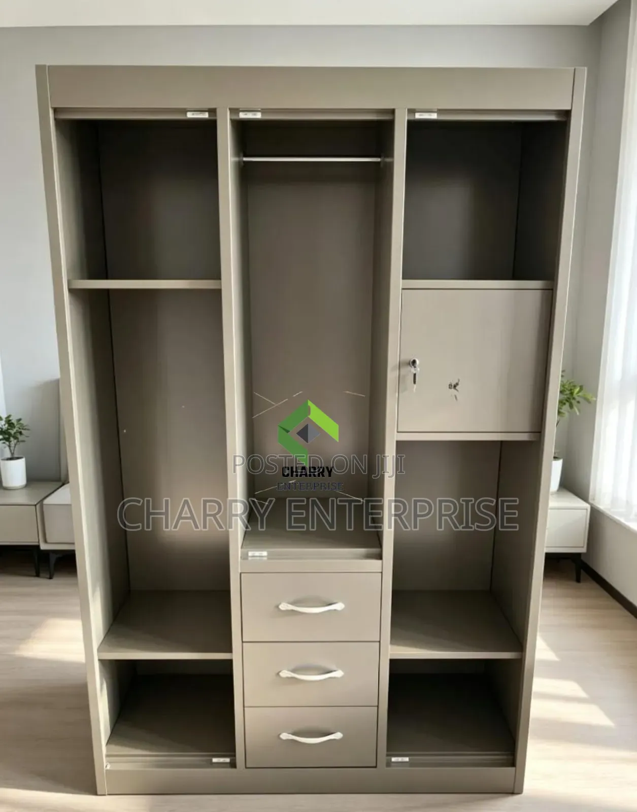 Modern 3 Door Metal and Wood Finish Wardrobe Kabati La Nguo La Chuma