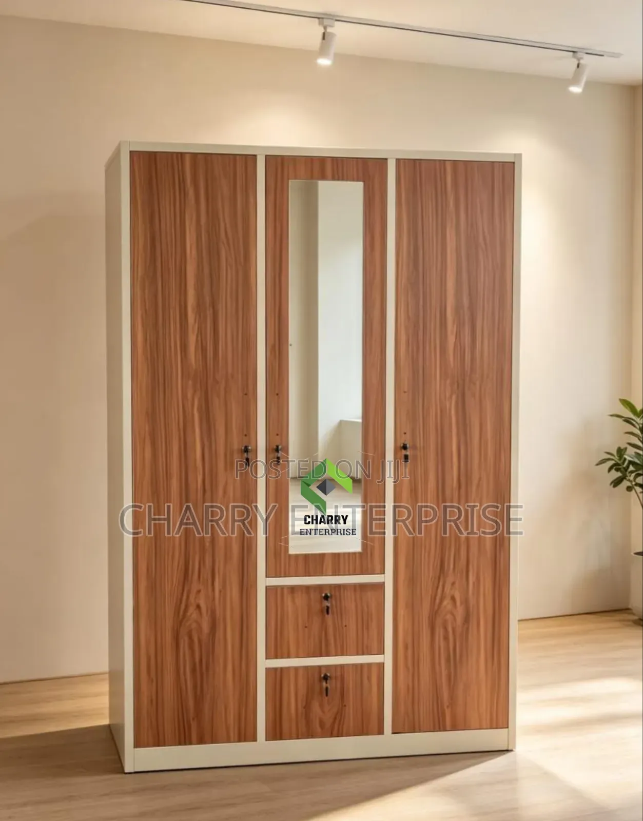 Modern 3 Door Metal and Wood Finish Wardrobe Kabati La Nguo La Chuma