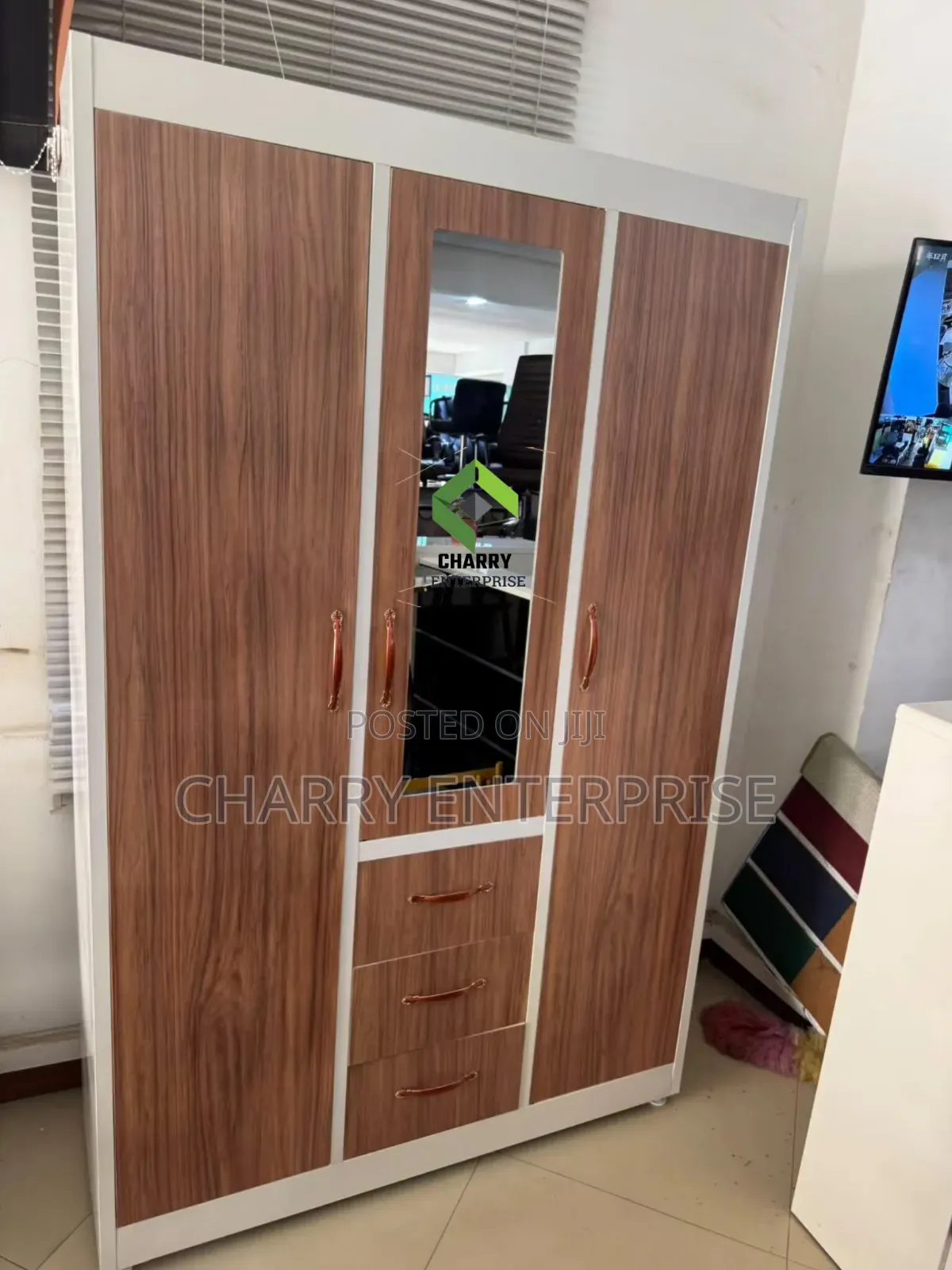 Modern 3 Door Metal and Wood Finish Wardrobe Kabati La Nguo La Chuma