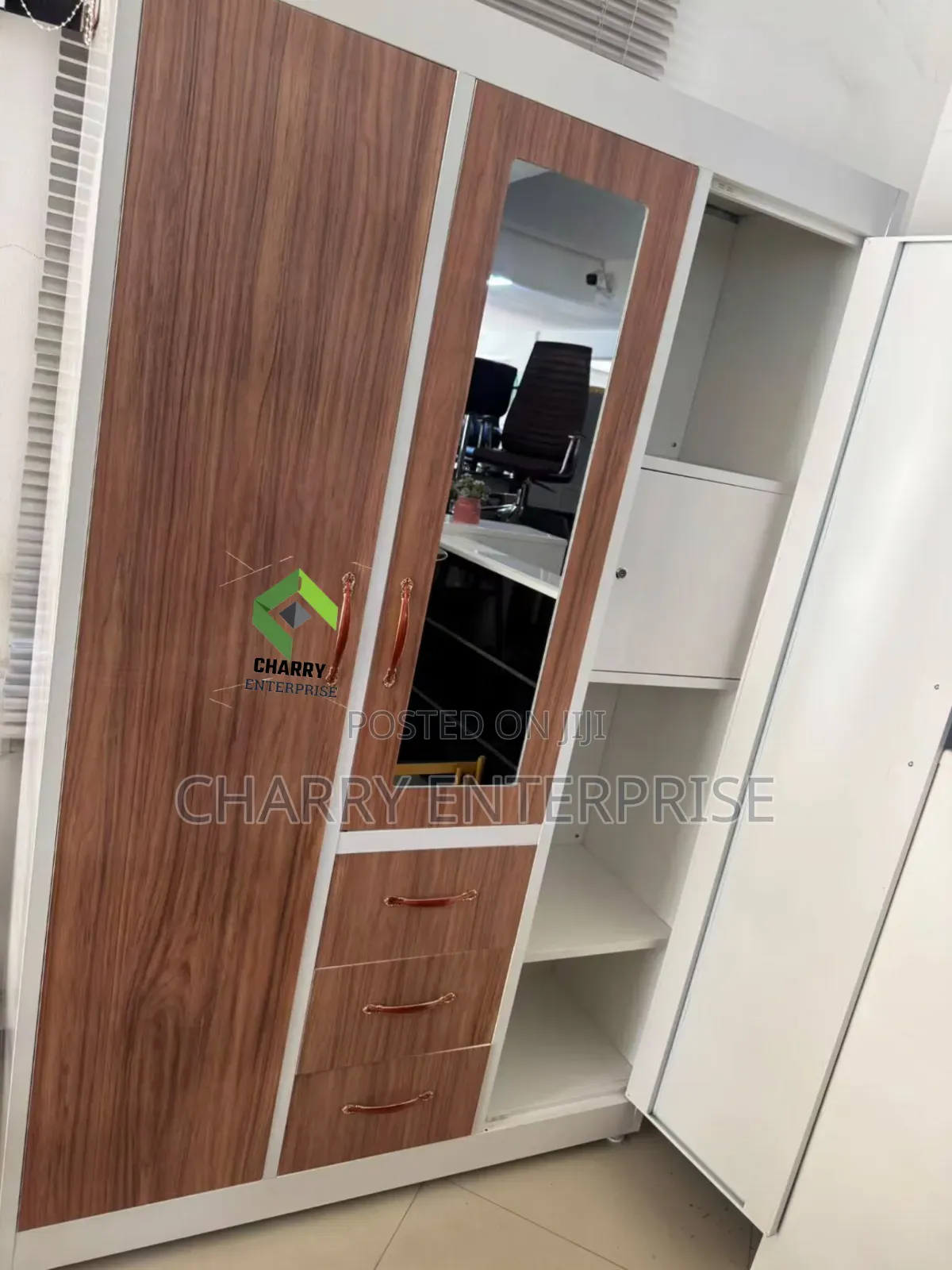 Modern 3 Door Metal and Wood Finish Wardrobe Kabati La Nguo La Chuma