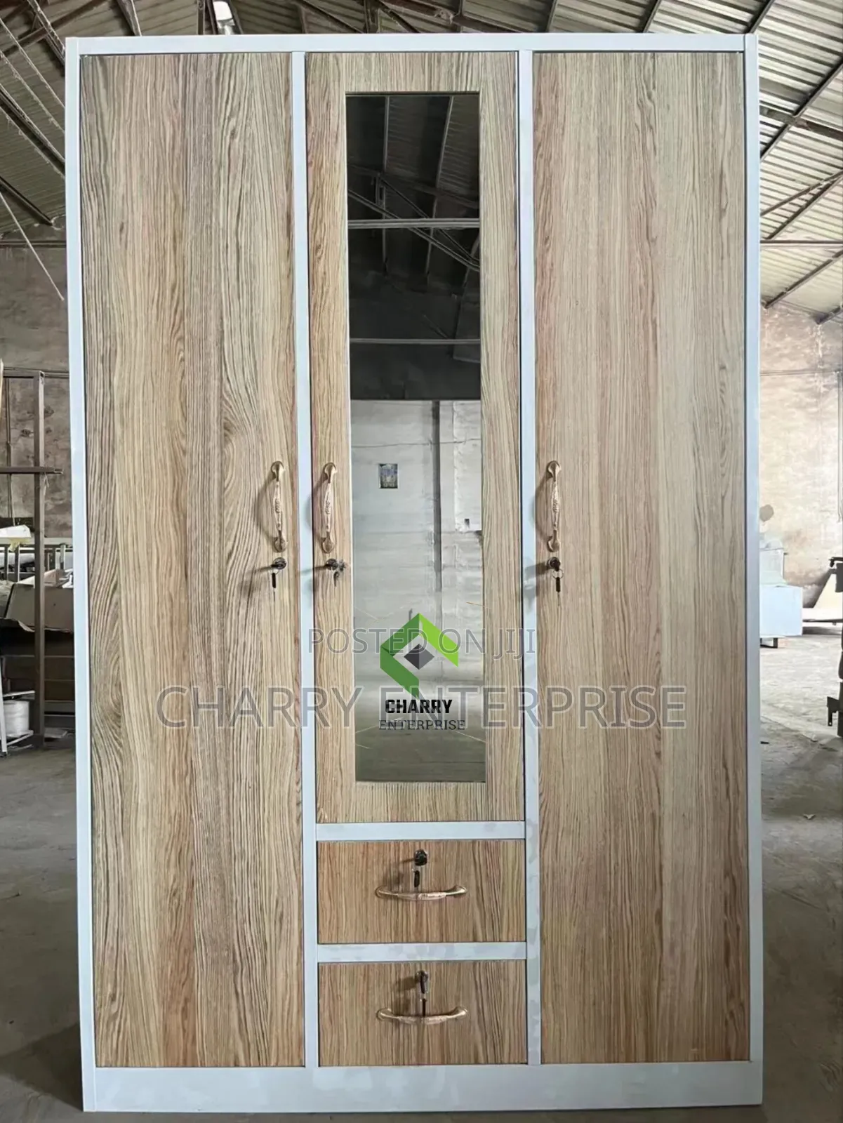 Modern 3 Door Metal and Wood Finish Wardrobe Kabati La Nguo La Chuma