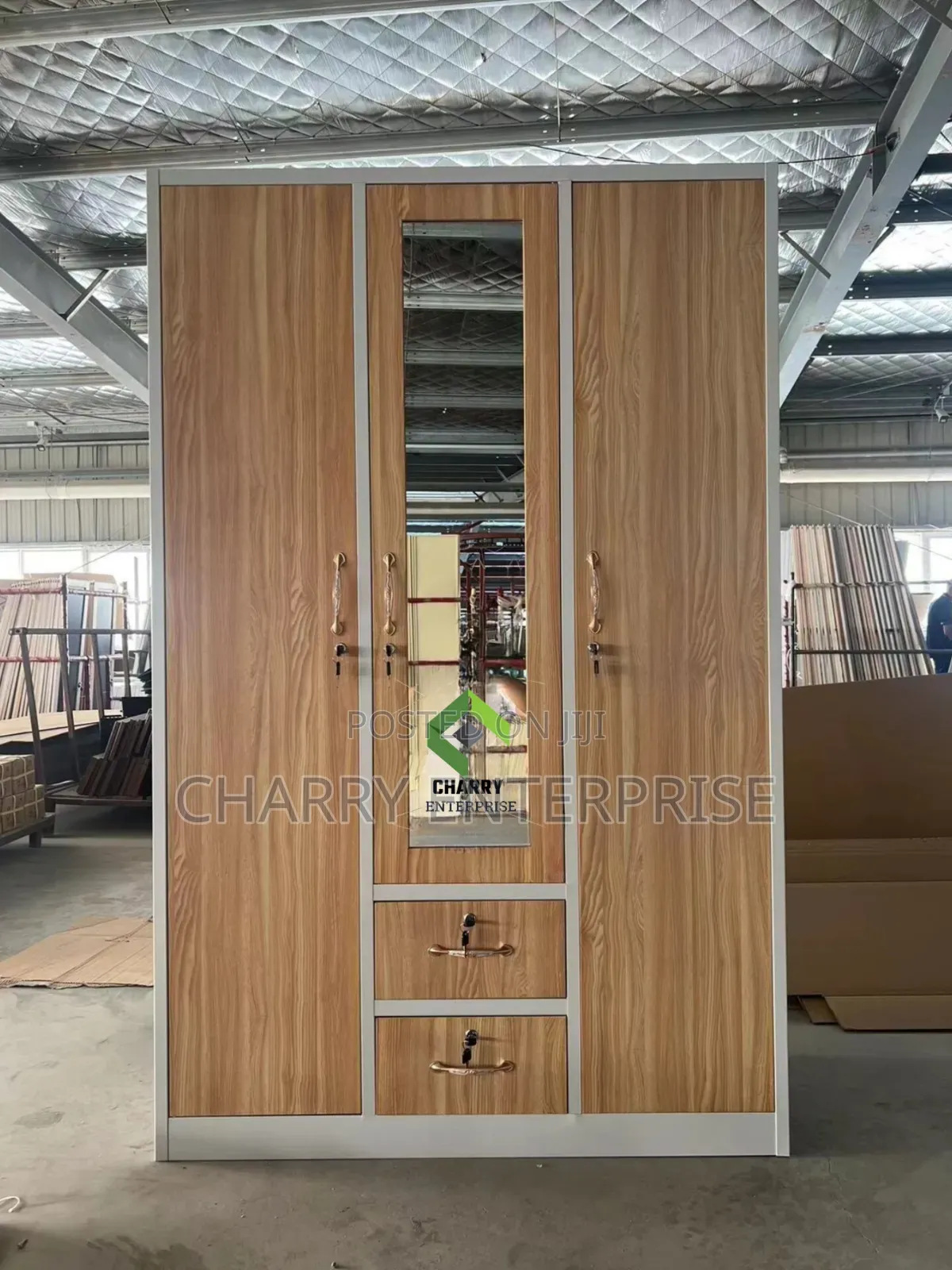 Modern 3 Door Metal and Wood Finish Wardrobe Kabati La Nguo La Chuma