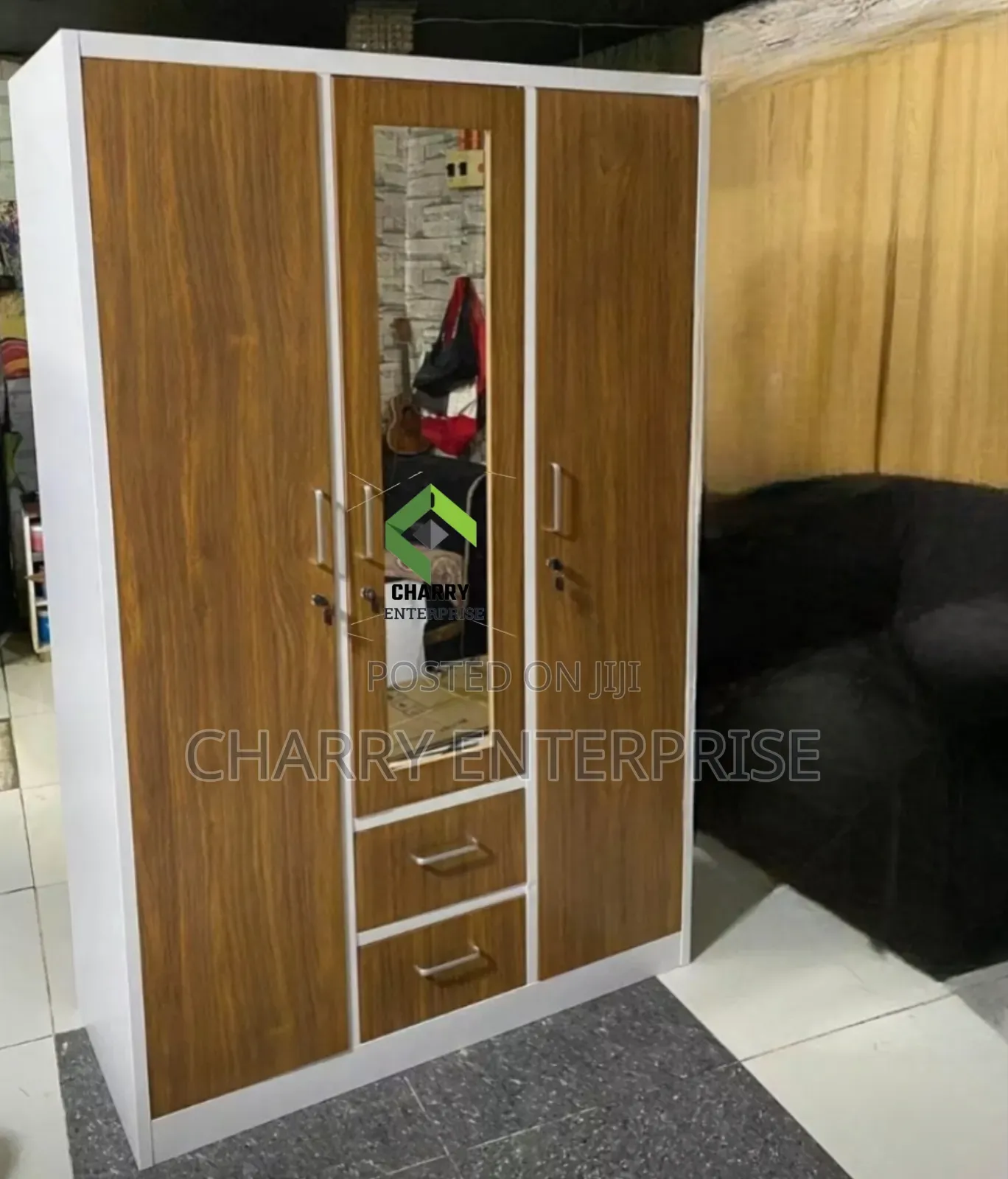 Modern 3 Door Metal and Wood Finish Wardrobe Kabati La Nguo La Chuma