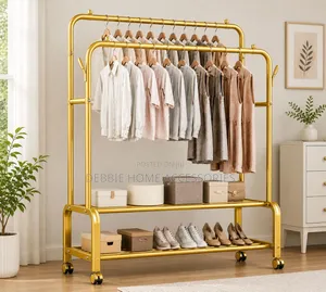 Multipurpose Double-Pole Metal Garment Rack With Wheels,