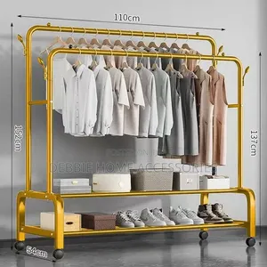 Multipurpose Double-Pole Metal Garment Rack With Wheels,