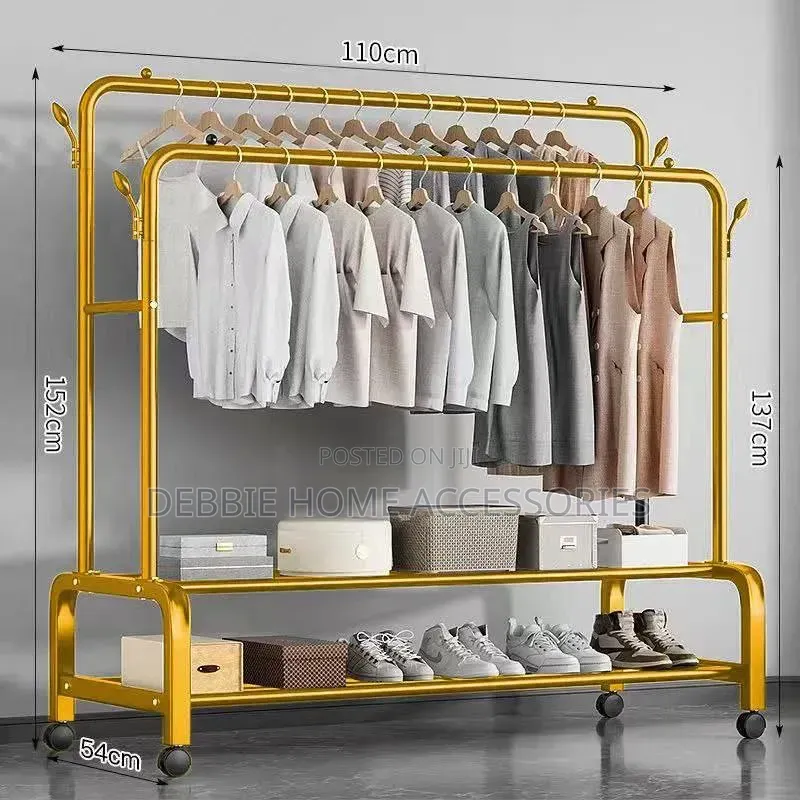 Multipurpose Double-Pole Metal Garment Rack With Wheels,