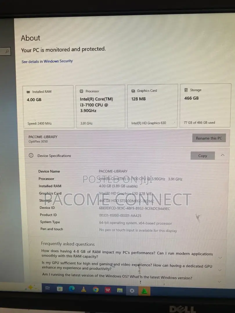 Desktop Computer Dell OptiPlex 3050 4GB Intel Core i3 HDD 500GB