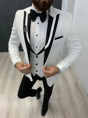 White & Black Contrast Three-Piece Suit With Bow Tie & Lapel Pin