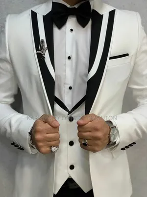 White & Black Contrast Three-Piece Suit With Bow Tie & Lapel Pin