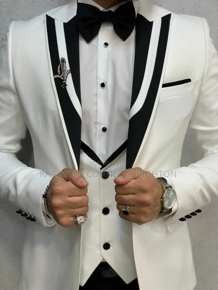 White & Black Contrast Three-Piece Suit With Bow Tie & Lapel Pin
