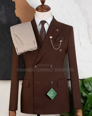 Brown Double-Breasted Three-Piece Suit With Neck Tie & Beaded
