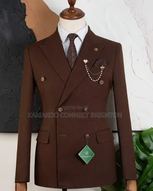 Brown Double-Breasted Three-Piece Suit With Neck Tie & Beaded