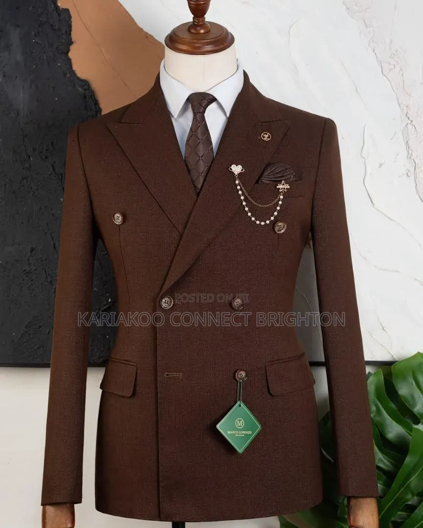 Brown Double-Breasted Three-Piece Suit With Neck Tie & Beaded