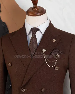 Brown Double-Breasted Three-Piece Suit With Neck Tie & Beaded