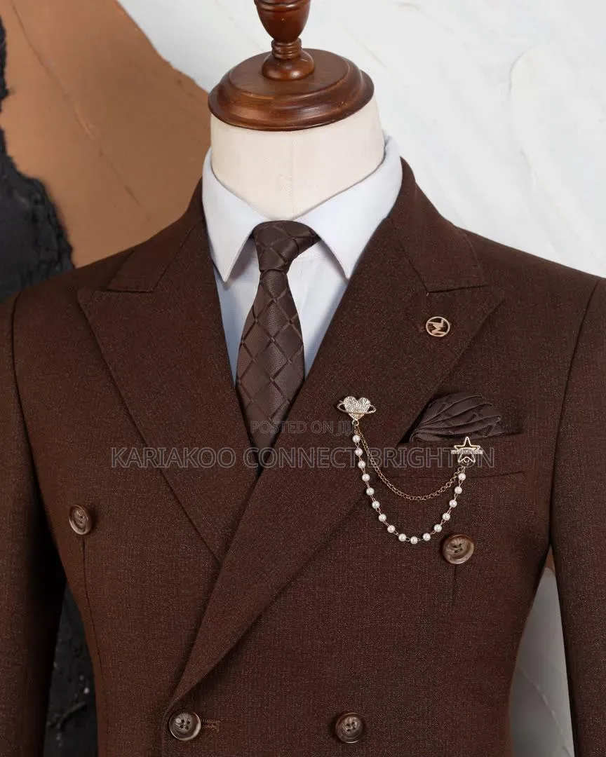 Brown Double-Breasted Three-Piece Suit With Neck Tie & Beaded