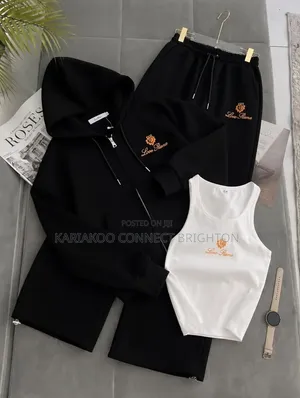Black Three-Piece Tracksuit Set With Tank Top, Hoodie & Sweatpants