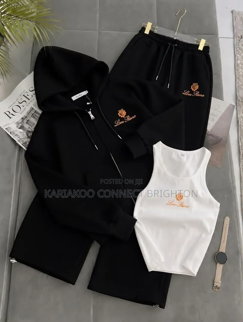 Black Three-Piece Tracksuit Set With Tank Top, Hoodie & Sweatpants