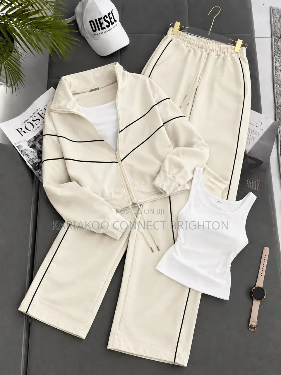 Black Three-Piece Tracksuit Set With Tank Top, Hoodie & Sweatpants