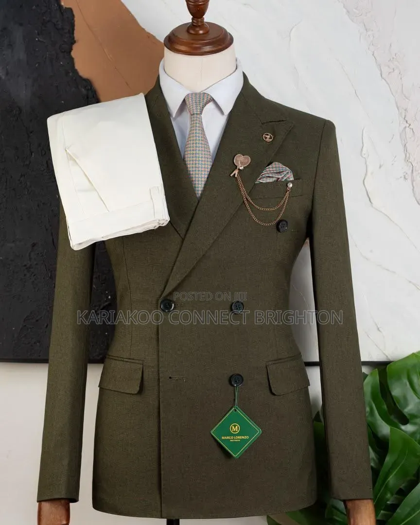 Olive Green Double-Breasted Three-Piece Suit With Patterned Neck Tie