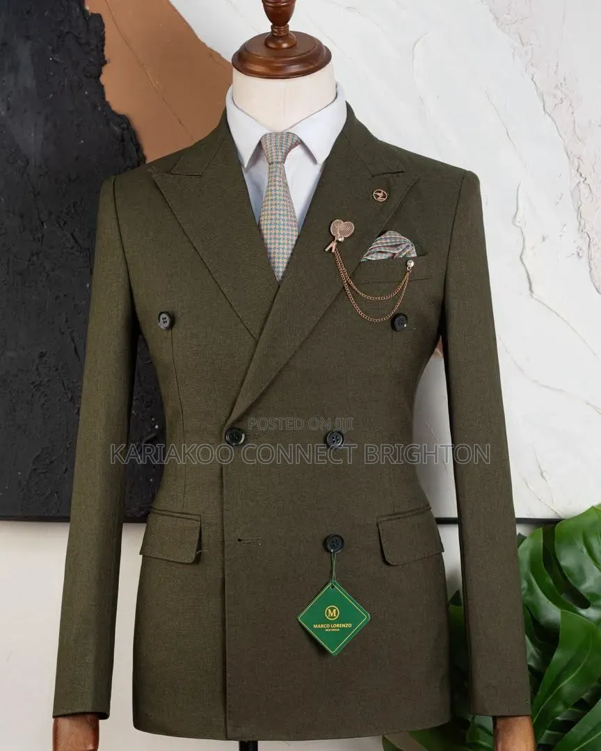 Olive Green Double-Breasted Three-Piece Suit With Patterned Neck Tie