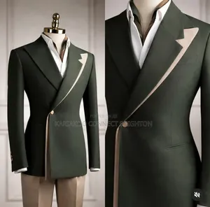 Olive Green & Beige Contrast Double-Breasted Three-Piece Suit
