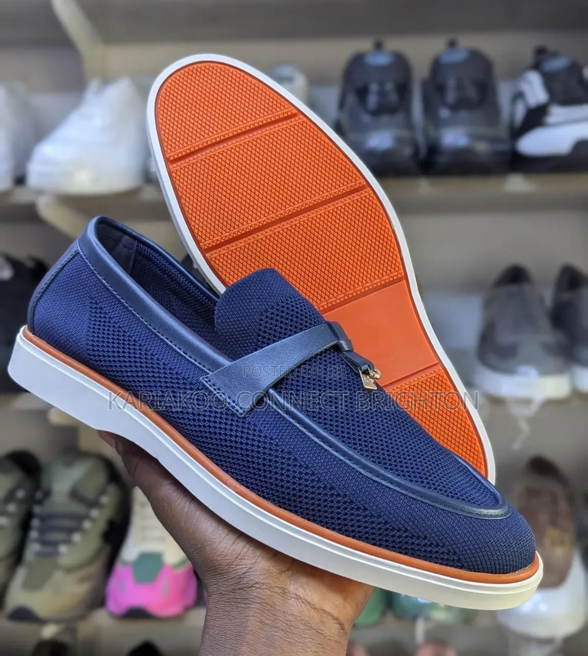 Navy Blue Knit Casual Loafers With Orange Sole and Strap Detail