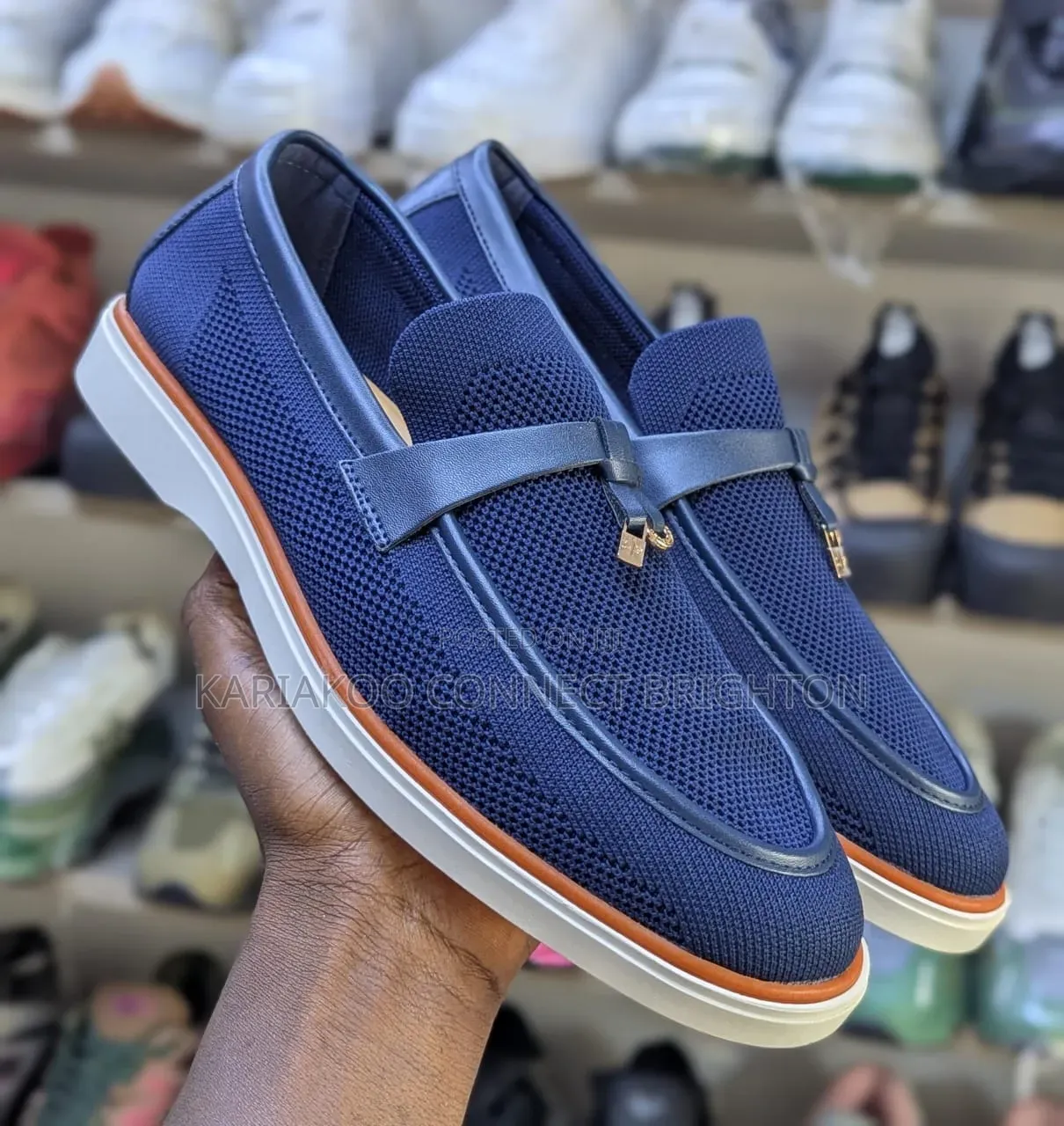 Navy Blue Knit Casual Loafers With Orange Sole and Strap Detail