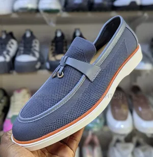 Navy Blue Knit Casual Loafers With Orange Sole and Strap Detail