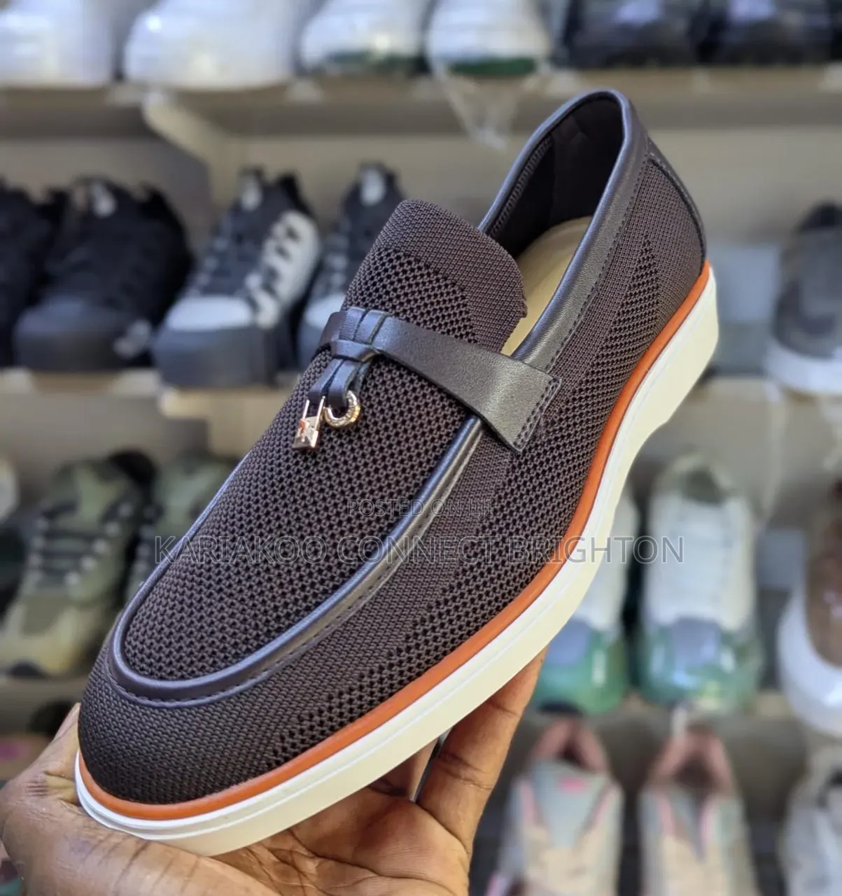 Navy Blue Knit Casual Loafers With Orange Sole and Strap Detail