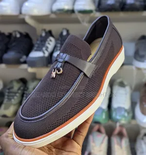 Navy Blue Knit Casual Loafers With Orange Sole and Strap Detail