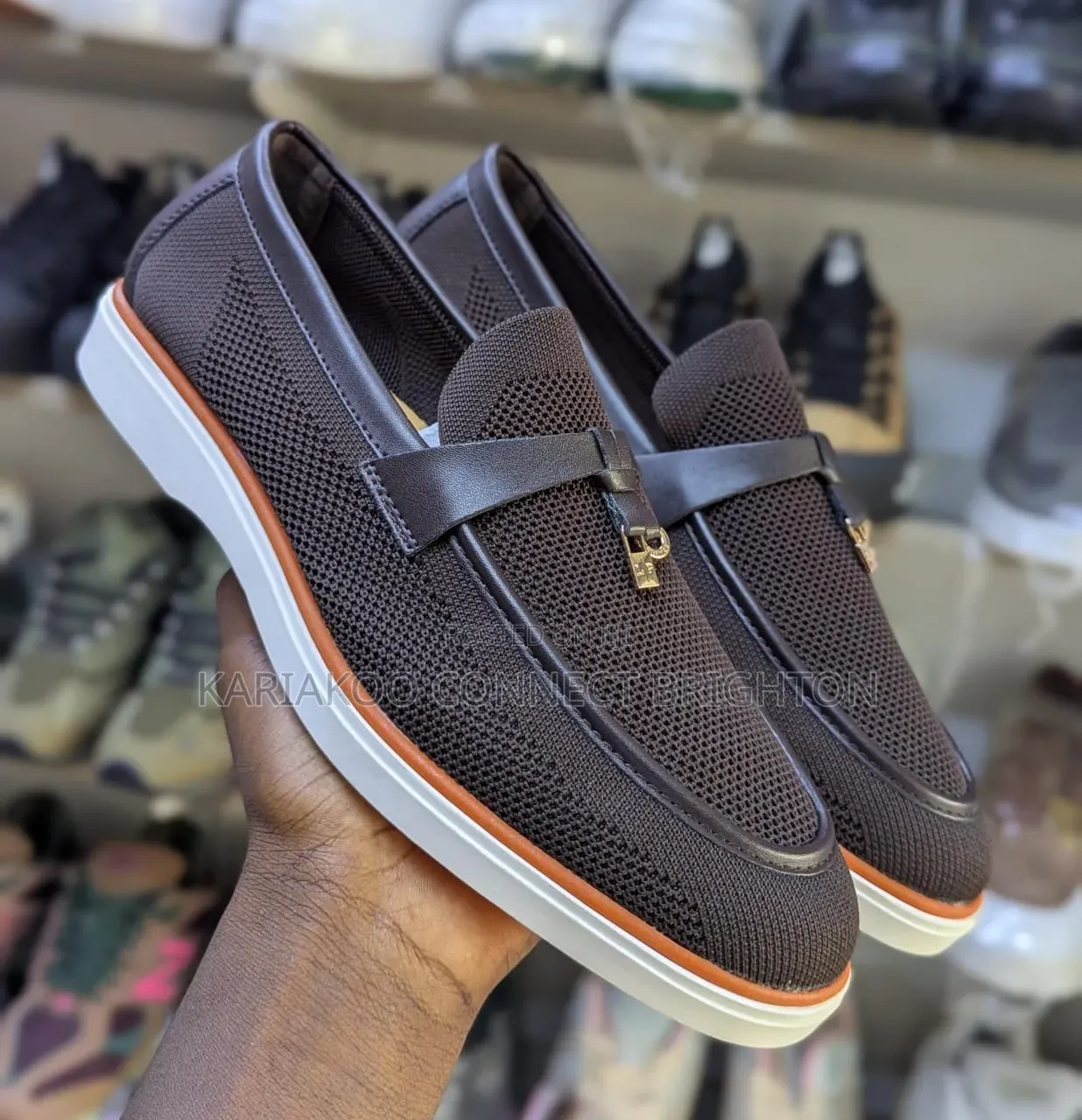 Navy Blue Knit Casual Loafers With Orange Sole and Strap Detail