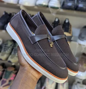 Navy Blue Knit Casual Loafers With Orange Sole and Strap Detail