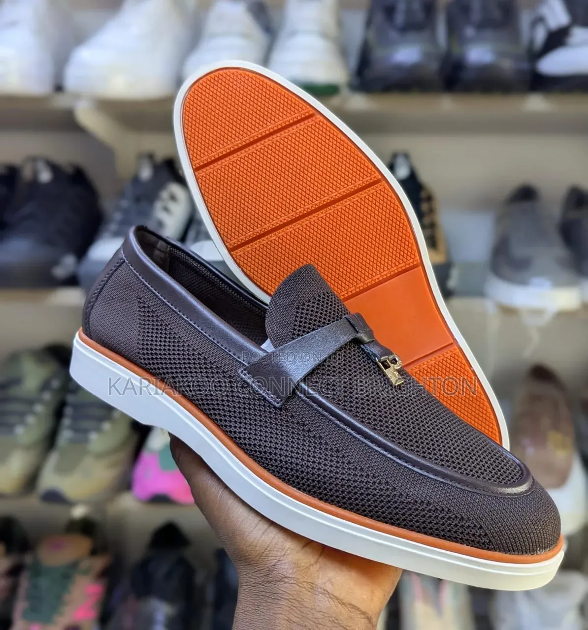 Navy Blue Knit Casual Loafers With Orange Sole and Strap Detail