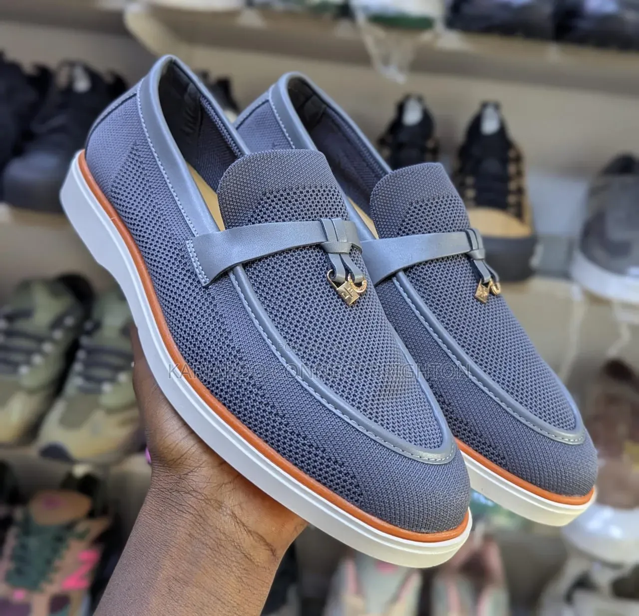 Navy Blue Knit Casual Loafers With Orange Sole and Strap Detail