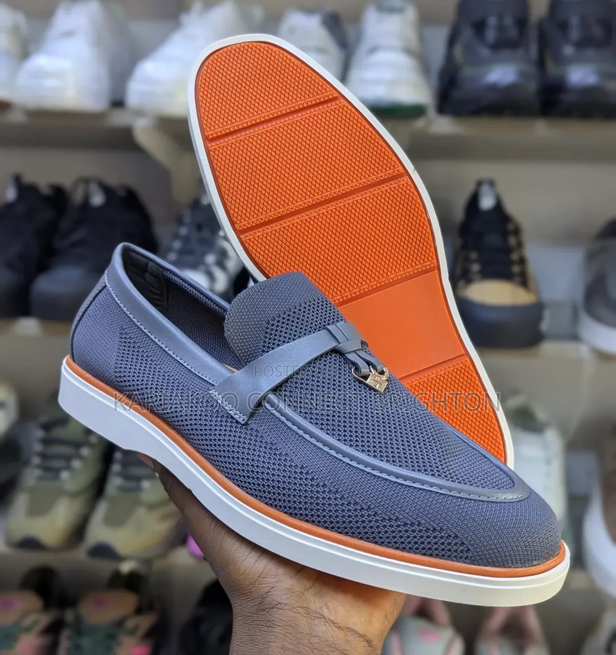Navy Blue Knit Casual Loafers With Orange Sole and Strap Detail