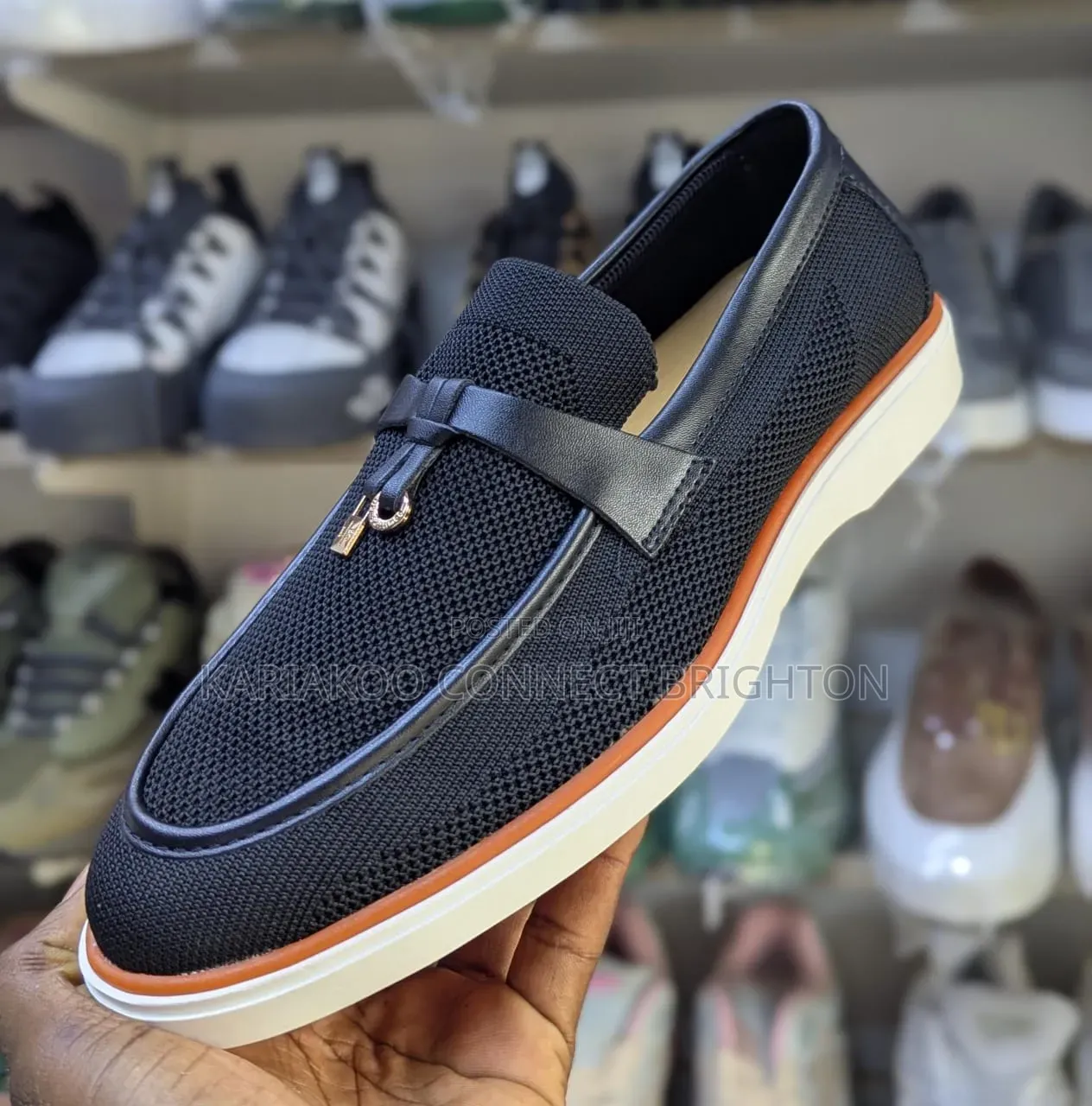 Navy Blue Knit Casual Loafers With Orange Sole and Strap Detail