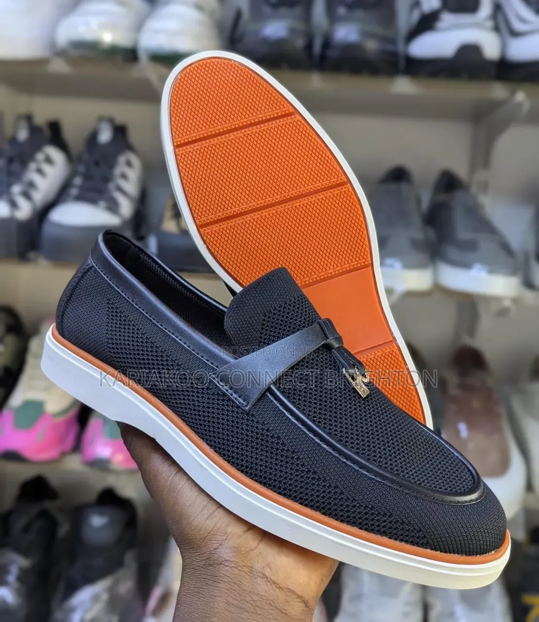 Navy Blue Knit Casual Loafers With Orange Sole and Strap Detail