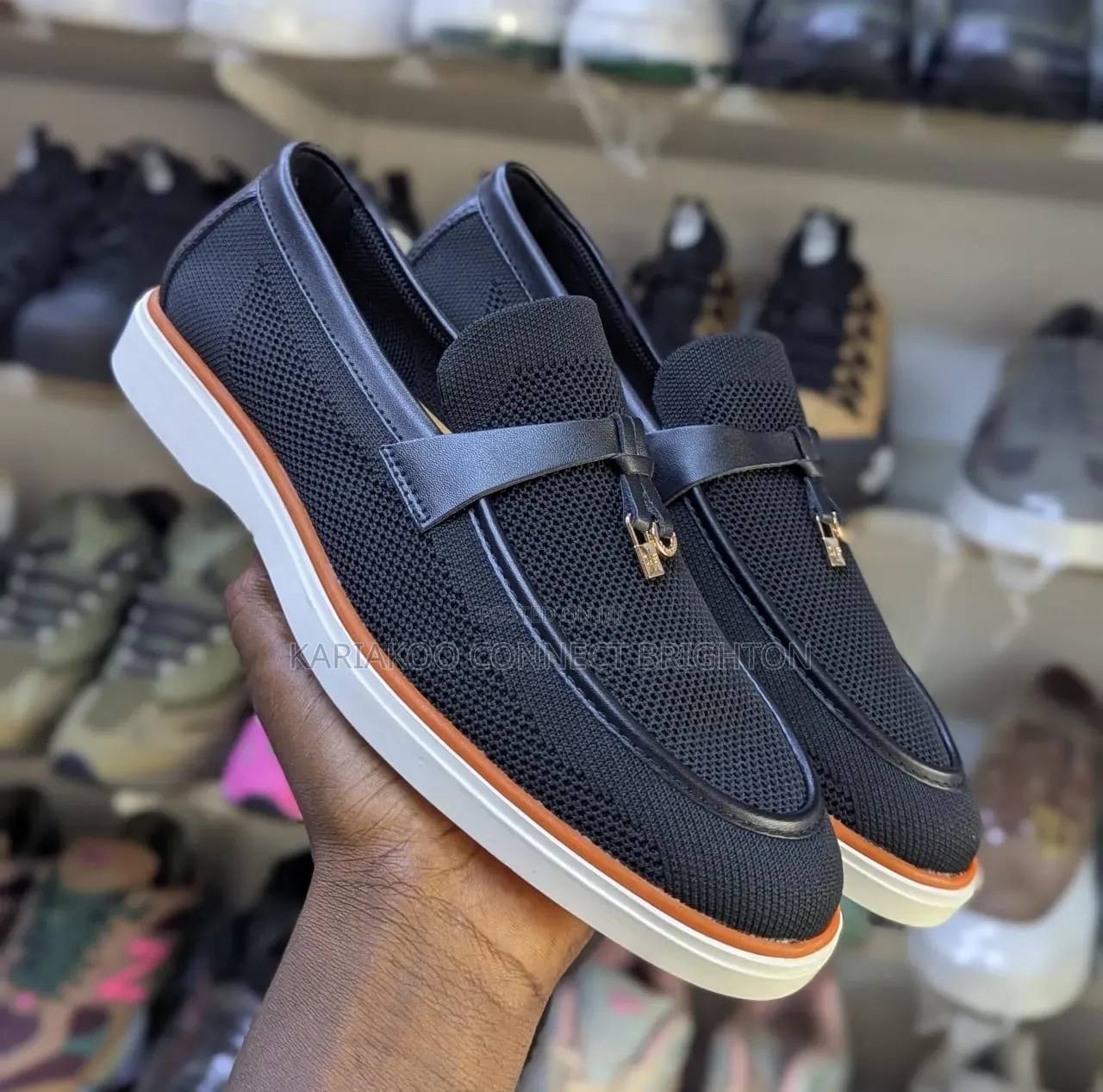 Navy Blue Knit Casual Loafers With Orange Sole and Strap Detail
