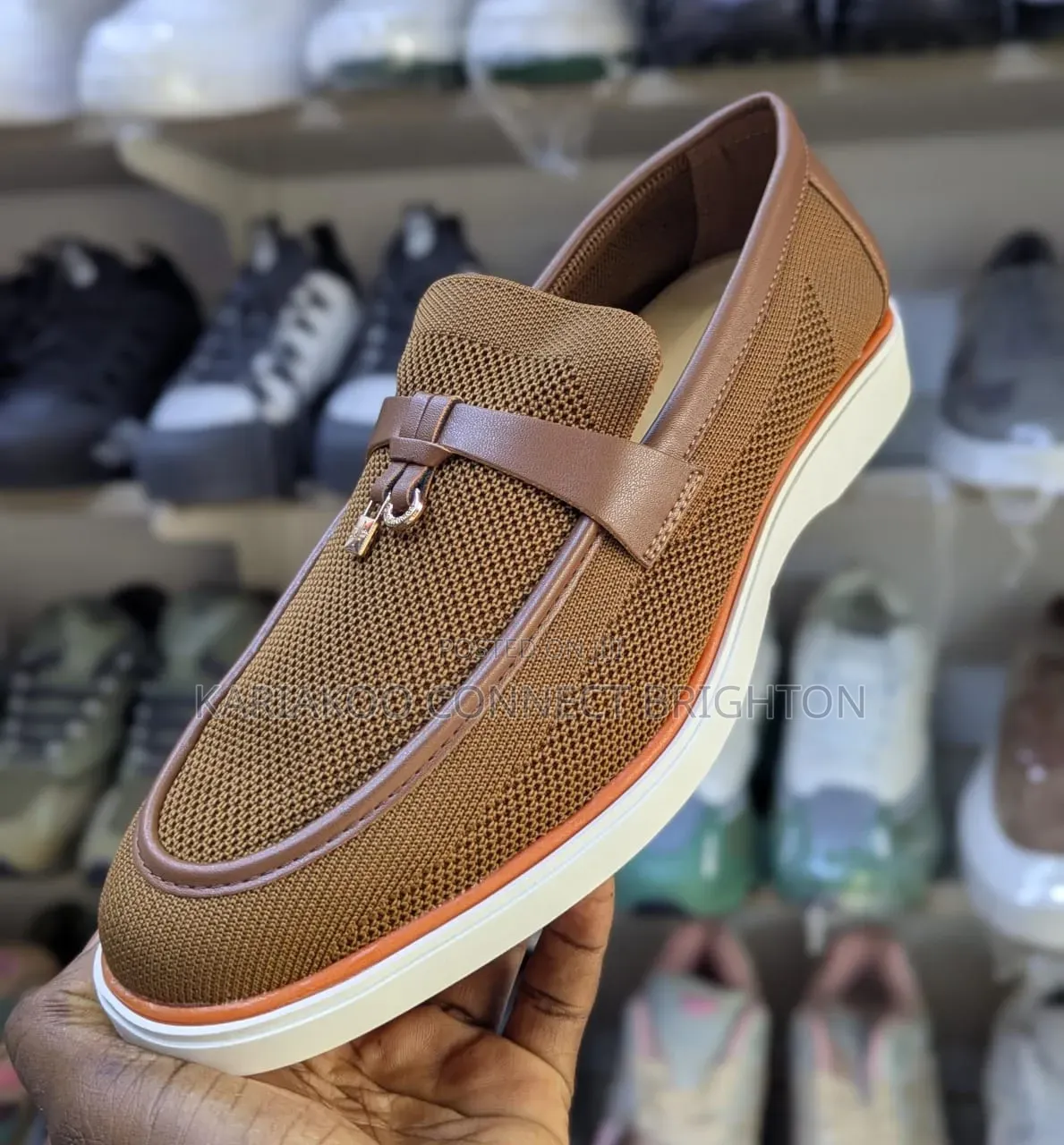 Navy Blue Knit Casual Loafers With Orange Sole and Strap Detail