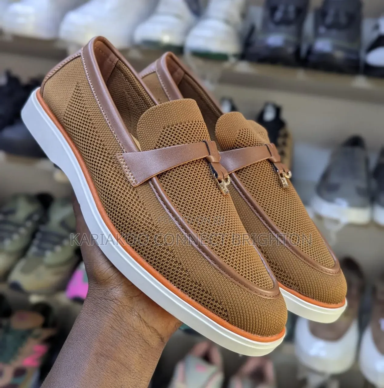 Navy Blue Knit Casual Loafers With Orange Sole and Strap Detail