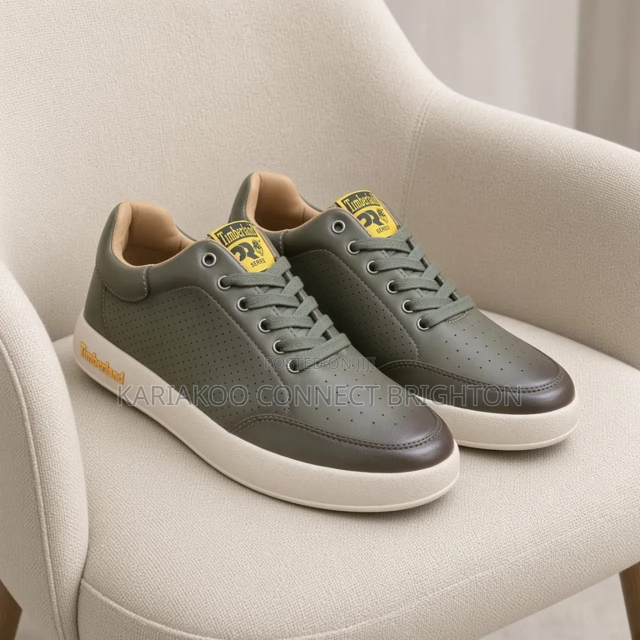 Olive Green Perforated Casual Sneakers With White Sole
