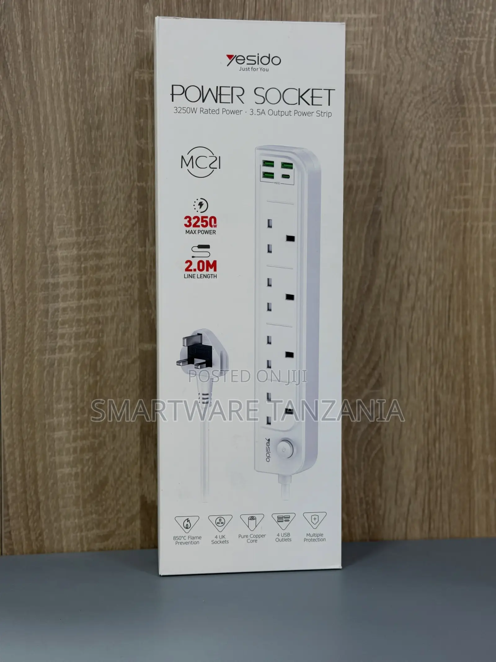 Yesido Power Socket 3250W Rated Power, 2M Length, 4 UK Sockets, 4 USB