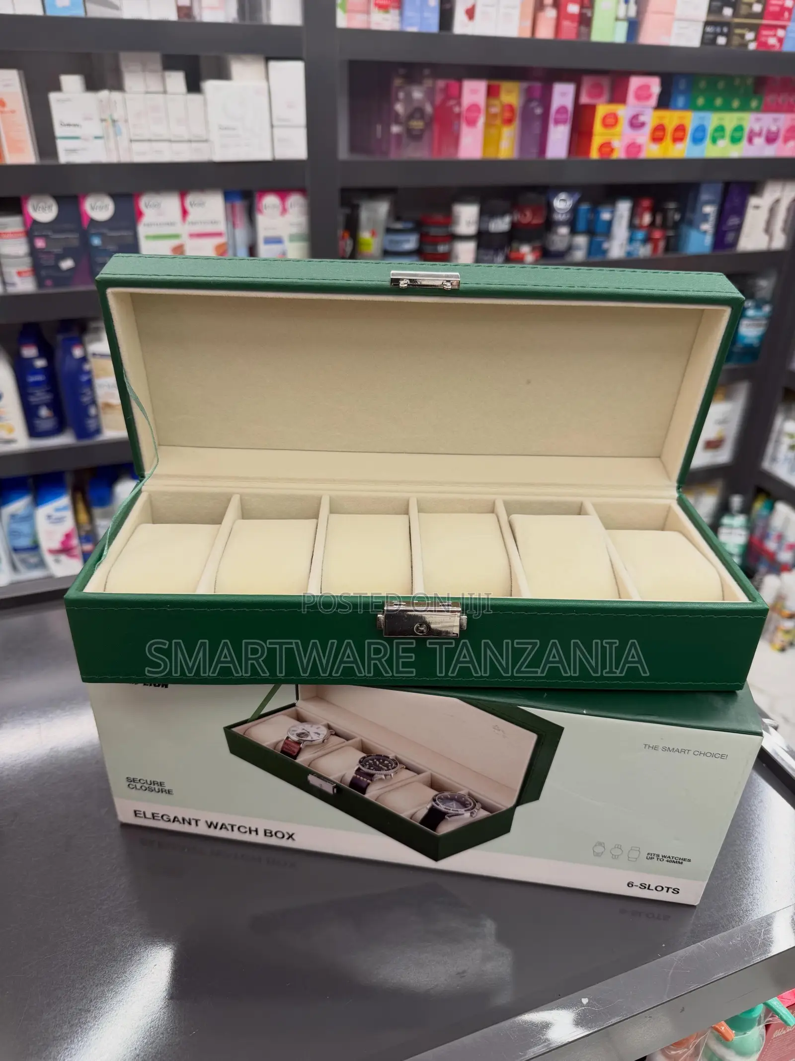 Elegant Watch Box With 6 Slots, Green Faux Leather, Secure Closure