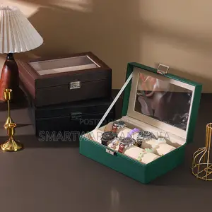 Elegant Watch Box With 6 Slots, Green Faux Leather, Secure Closure