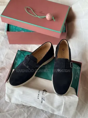 Black Suede Slip-on Casual Shoes With Buckle Strap and White Sole