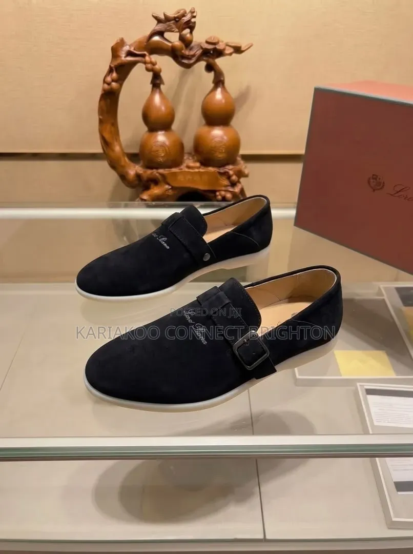 Black Suede Slip-on Casual Shoes With Buckle Strap and White Sole
